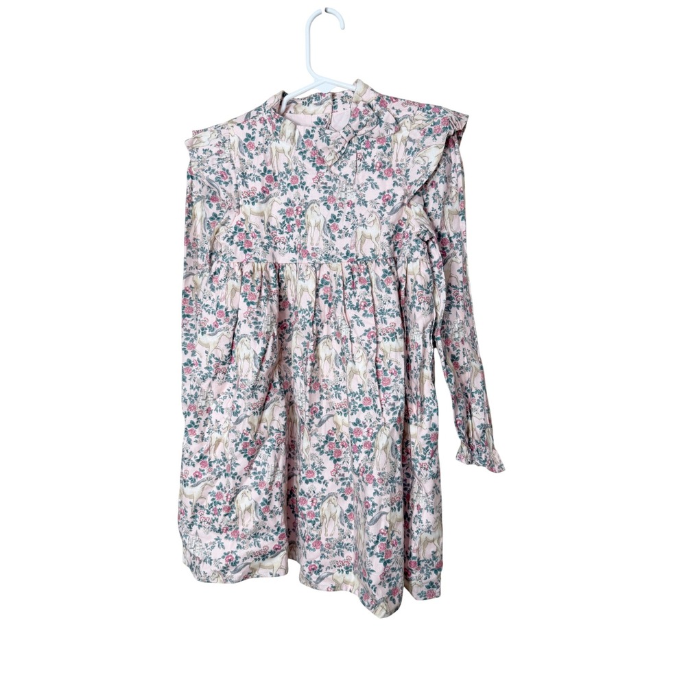 Janie and Jack Girls Pink Unicorn Garden Ruffle Long Sleeve Dress Size 6